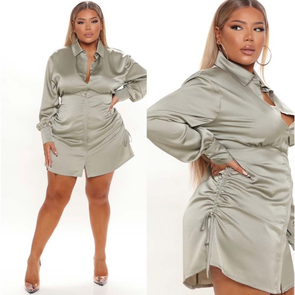 Fashion novas olive green long sleeve satin dress